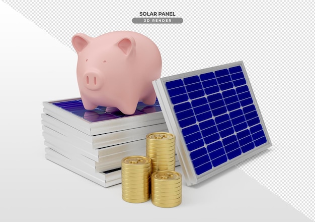 Tableros de energía solar con cerdo y monedas en renderizado realista 3d