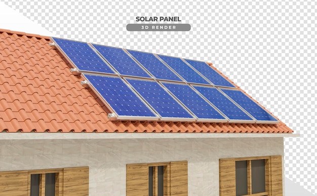 Tableros de energía solar en el techo de la casa en renderizado realista 3d