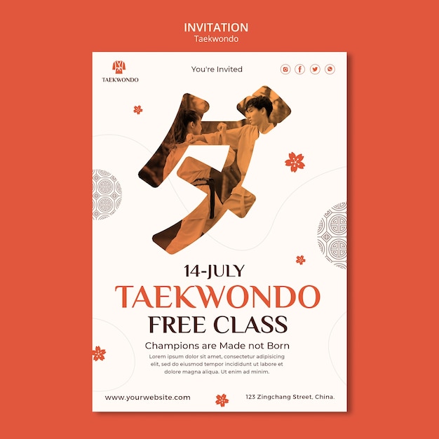 Gratis PSD taekwondo klasse uitnodiging sjabloon