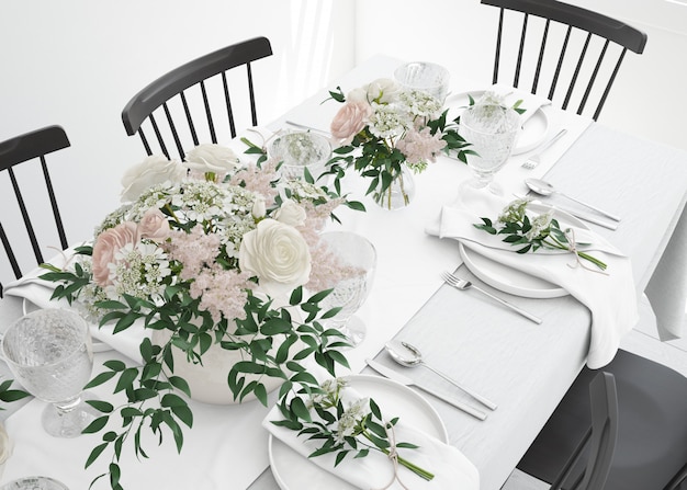 Gratis PSD tafel bereid om te eten met bestek en decoratieve bloemen