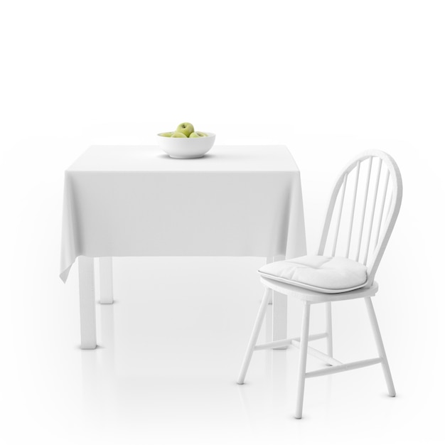 Gratis PSD tafel met tafelkleed, kom met appels en stoel