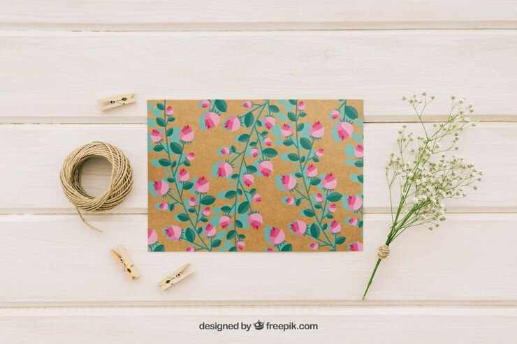 PSD gratuito tarjeta de boda, flores, cordel y pinzas de la ropa