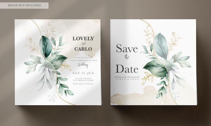 PSD gratuito tarjeta de invitación de boda en acuarela en elegantes hojas verdes
