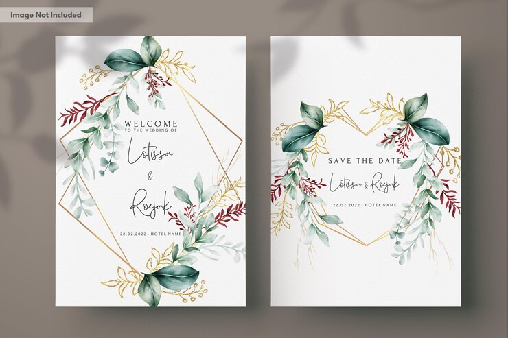 Tarjeta de invitación de boda en acuarela en elegantes hojas verdes