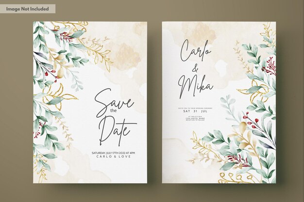 Tarjeta de invitación de boda en acuarela con hojas verdes y adornos de oro