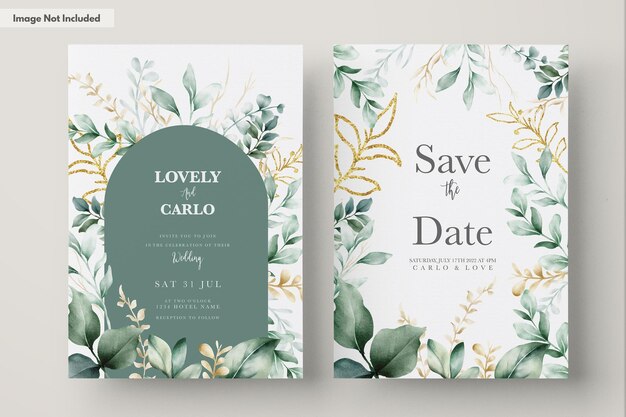 Tarjeta de invitación de boda en acuarela con hojas verdes y adornos de oro