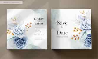 PSD gratuito tarjeta de invitación de boda con hermosas flores blancas, azules y doradas.