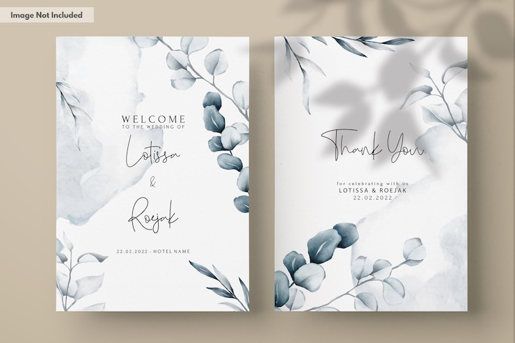 PSD gratuito tarjeta de invitación de boda de hojas de acuarela azul elegante