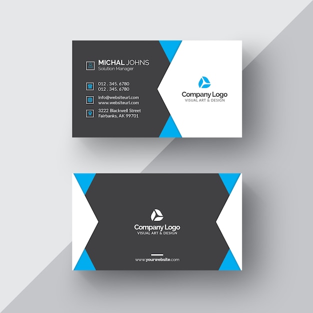 Tarjeta de visita en blanco y negro con detalles azules