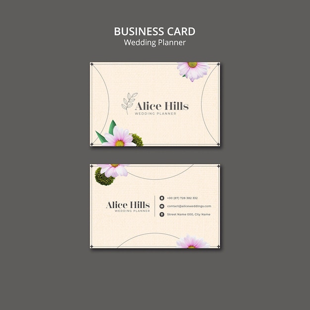 Tarjeta de visita floral del planificador de bodas