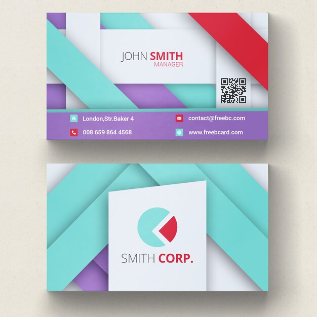 Tarjeta de visita geométricas violeta, azul y roja