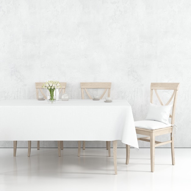 Tavolo da pranzo mockup con panno bianco e sedie in legno