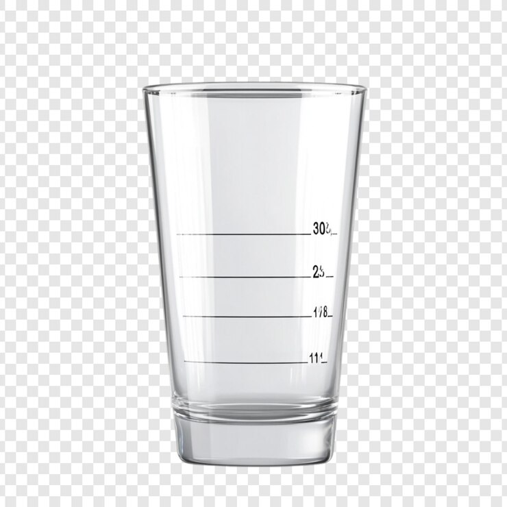 PSD gratuito taza de medición de vidrio transparente vacía con medidas métricas e imperiales