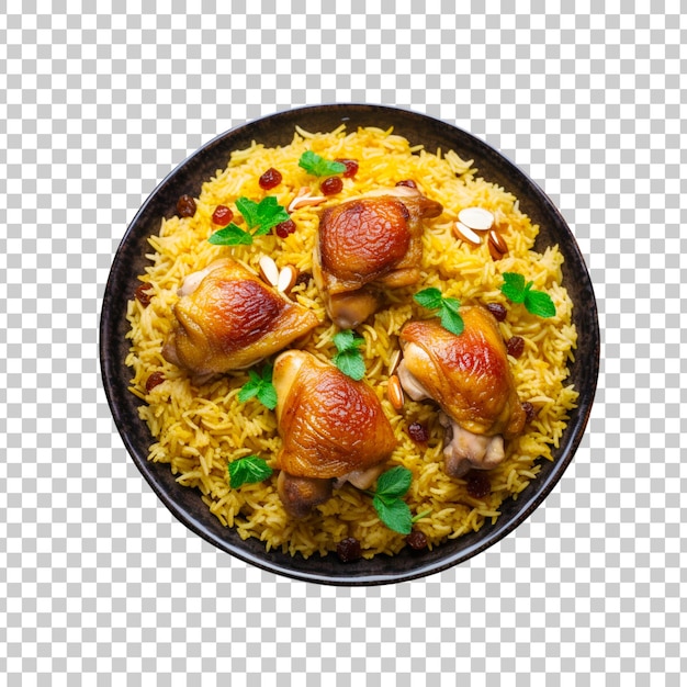 PSD gratuito un tazón de biryani con pedazos de pollo en un fondo transparente.