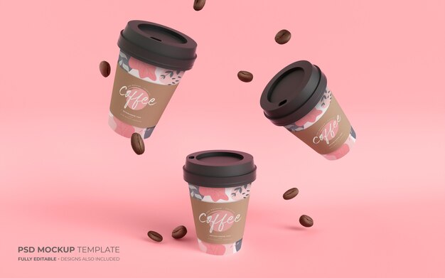 Tazze di caffè di carta e fagioli in mockup di gravità