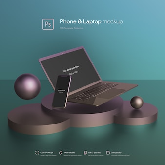 Telefoon en laptop zwevend in een abstracte scène mockup