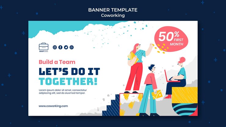 PSD Gratis templat banner co-working yang diilustrasikan