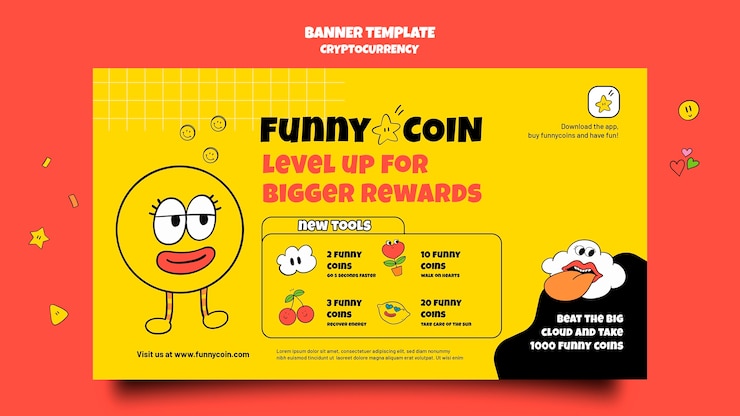 PSD Gratis templat banner cryptocurrency koin lucu