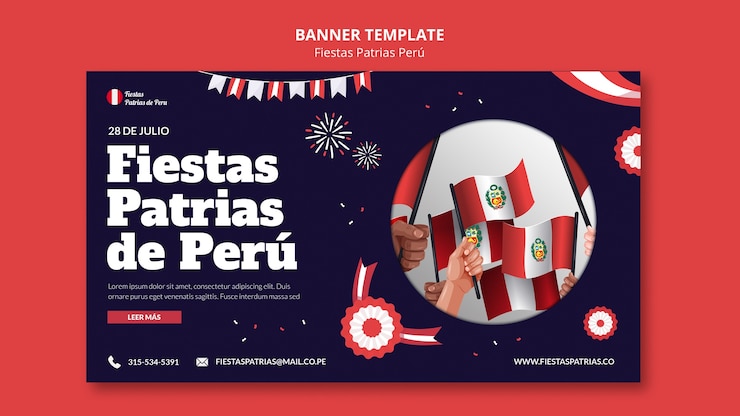 PSD Gratis templat banner horizontal fiestas patrias dengan roset dan bunting