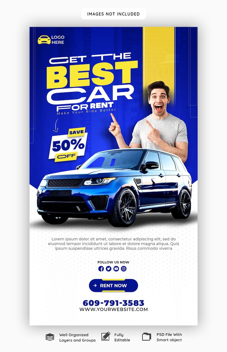 PSD Gratis templat cerita instagram dan facebook otomotif dan penyewaan mobil