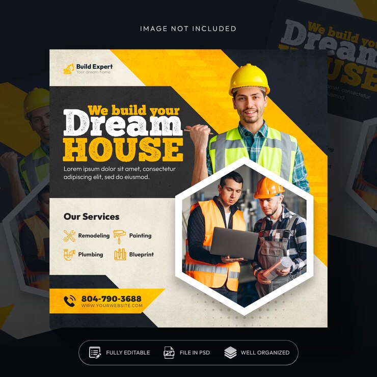 PSD Gratis templat desain banner web dan postingan media sosial layanan konstruksi dan rumah