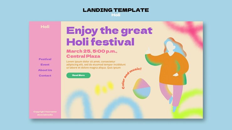 PSD Gratis templat halaman arahan perayaan festival holi