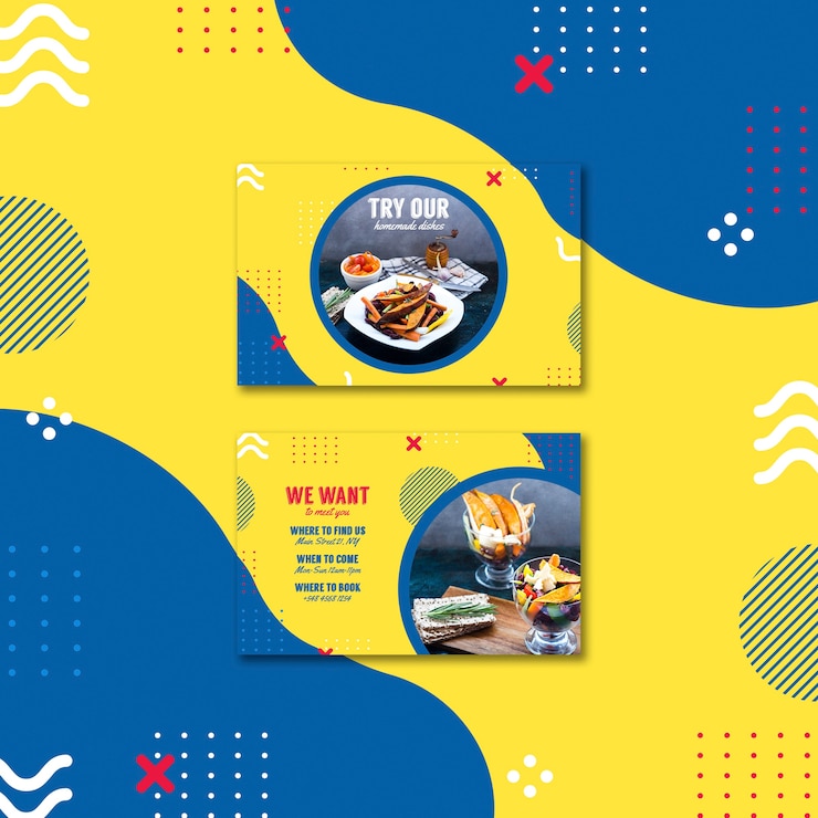 PSD Gratis templat kartu nama untuk restoran dalam gaya memphis