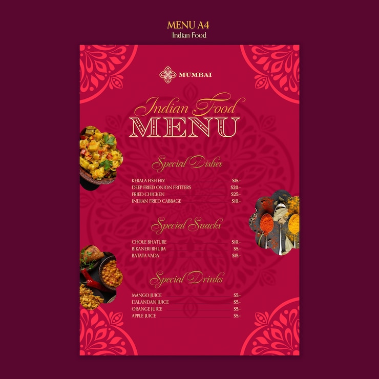 PSD Gratis templat menu restoran makanan india dengan desain mandala