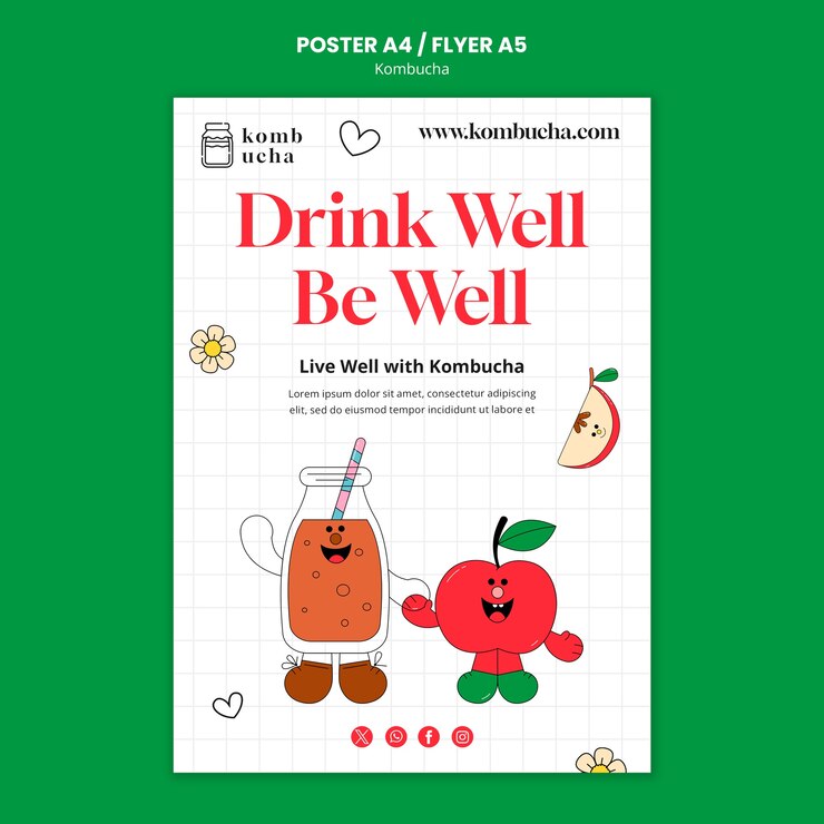 PSD Gratis templat poster kombucha lezat