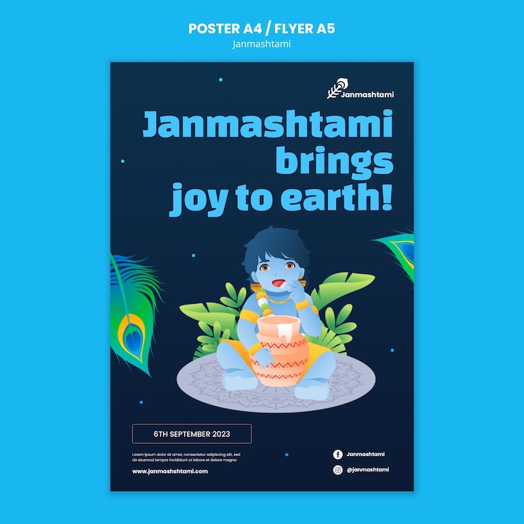 PSD Gratis templat poster vertikal untuk perayaan janmashtami