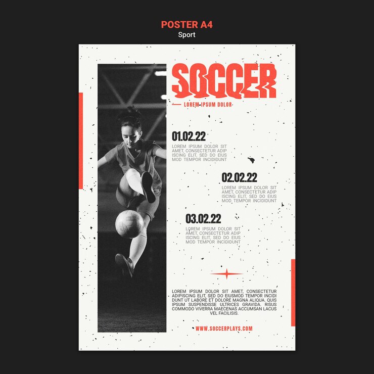 PSD Gratis templat poster vertikal untuk sepak bola dengan pemain wanita