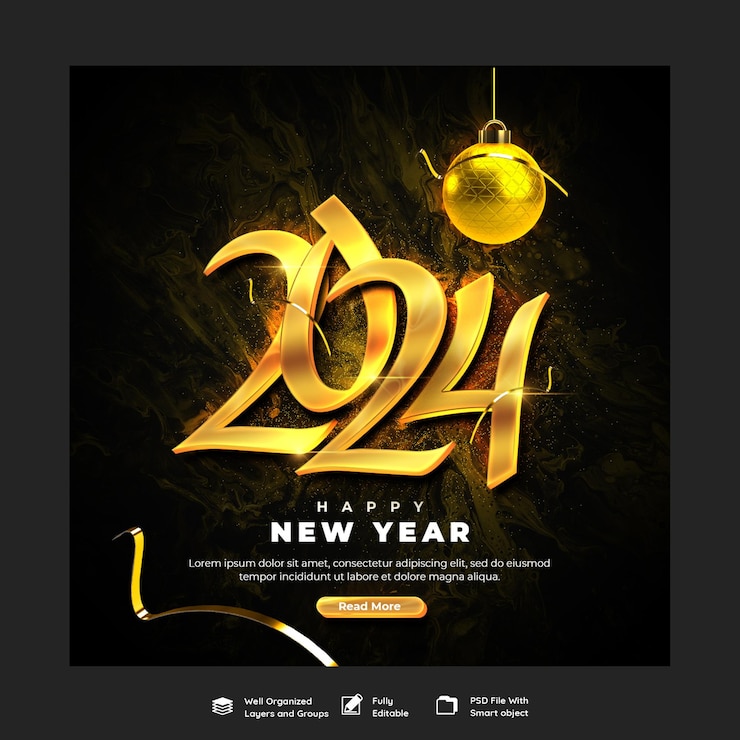 PSD Gratis templat postingan media sosial atau banner perayaan selamat tahun baru 2024