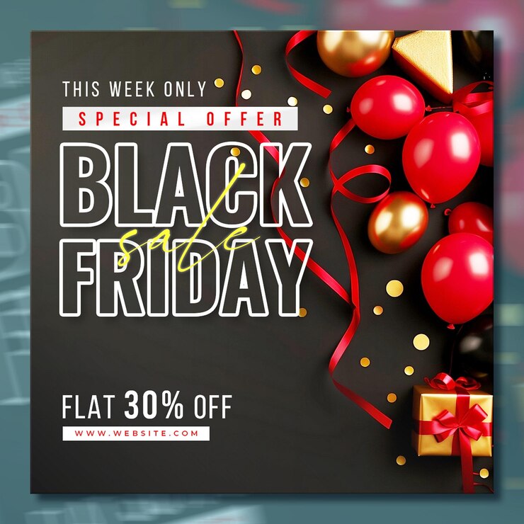 PSD Gratis templat unggahan promo black friday dengan hadiah dan balon 3d