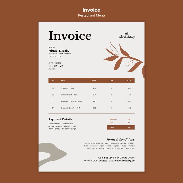 PSD Gratis template desain faktur menu restoran