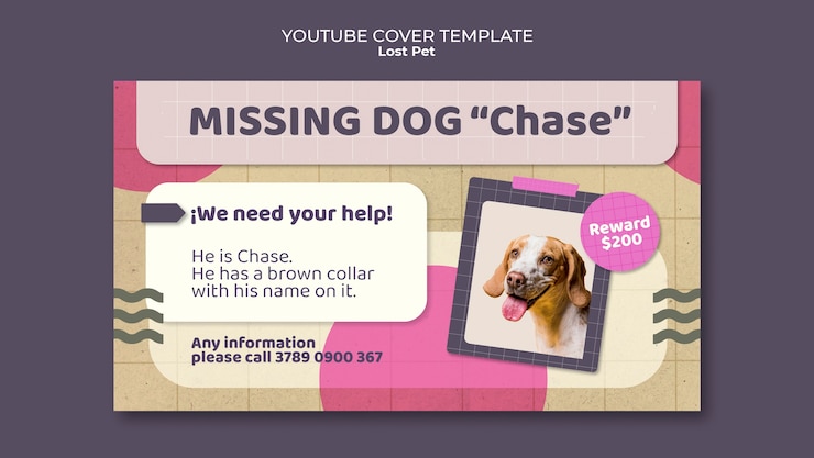 PSD gratuito template di copertina di youtube per animali domestici persi