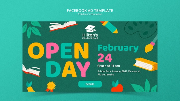 Template Facebook per l'istruzione dei bambini con design piatto