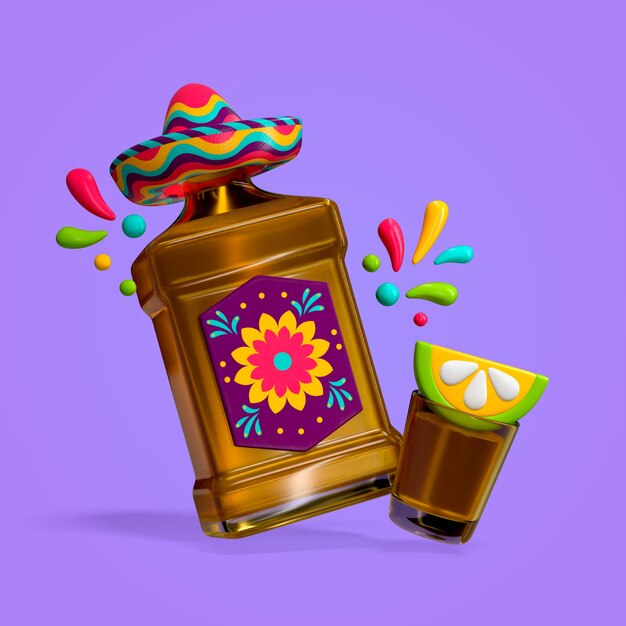 Tequila con sombrero, limón y colores festivos