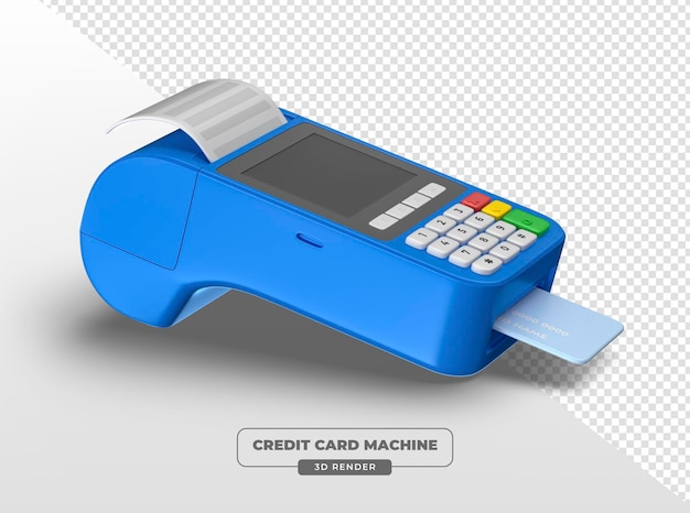 Terminal de pago azul con tarjeta de crédito y sombra en 3D Render con fondo transparente