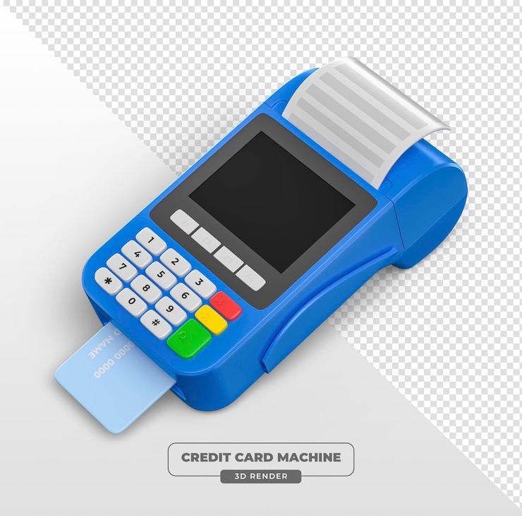 PSD gratuito terminale di pagamento blu con carta di credito e ombra in 3d render con sfondo trasparente