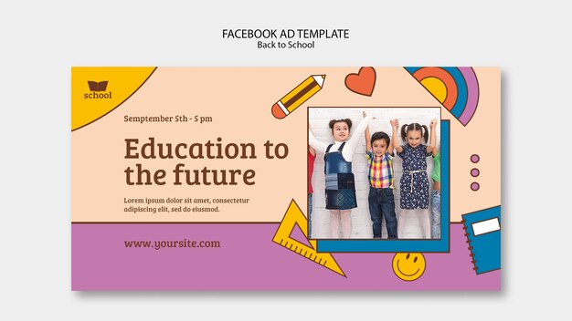 Terug naar school social media promo-sjabloon met schoolbenodigdheden