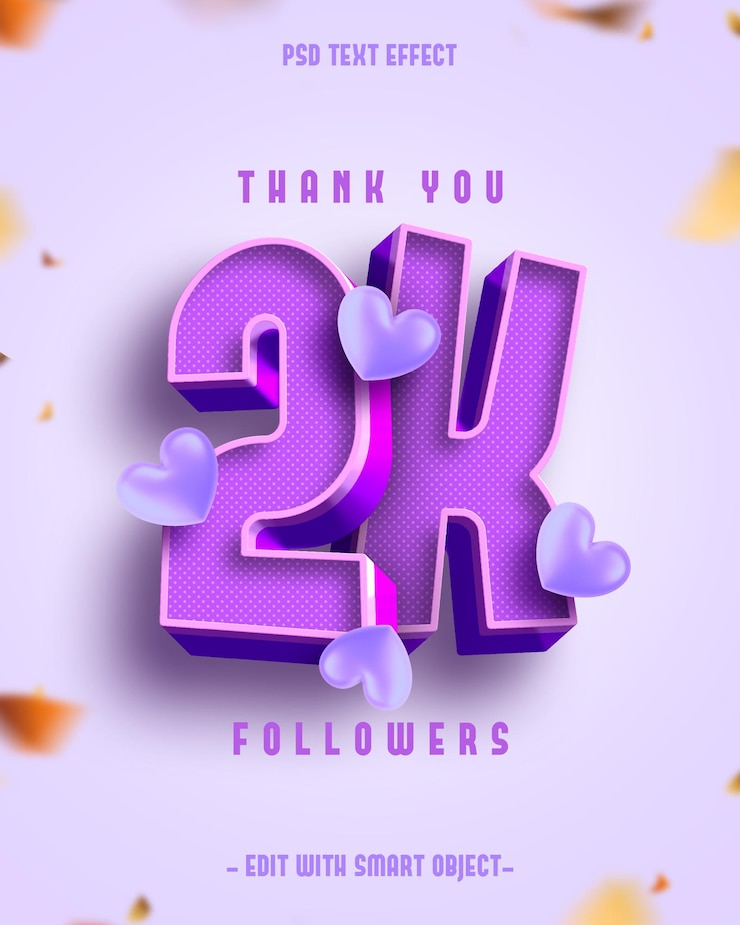 PSD Gratis thank you 2k followers 3d editable text effect