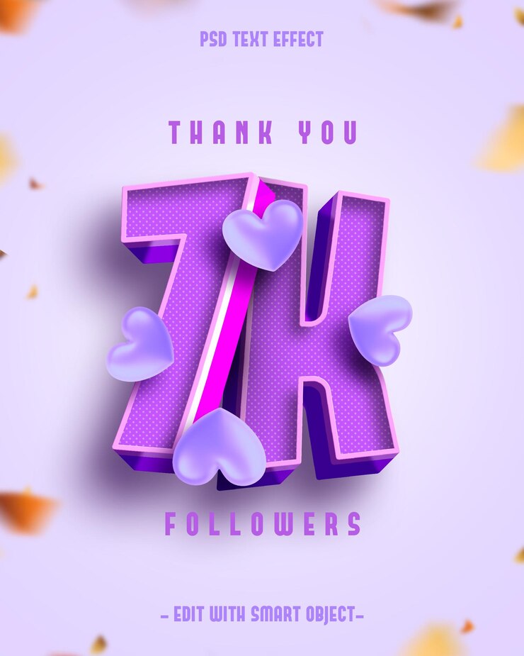 PSD Gratis thank you 7k followers 3d editable text effect