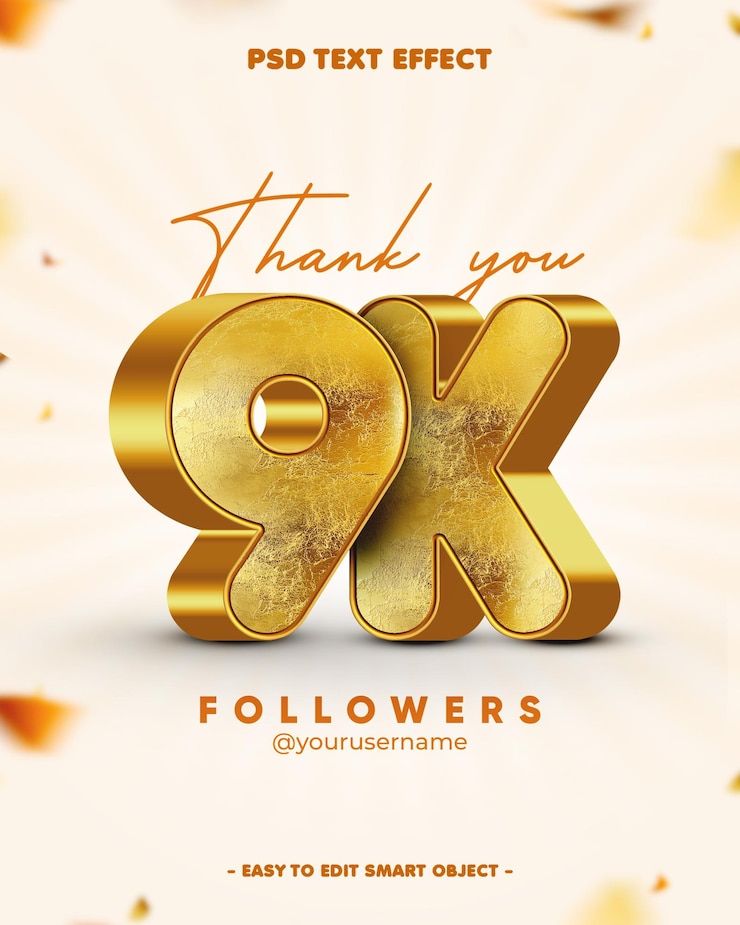 PSD gratuito thankyou 9k follower effetto di testo modificabile