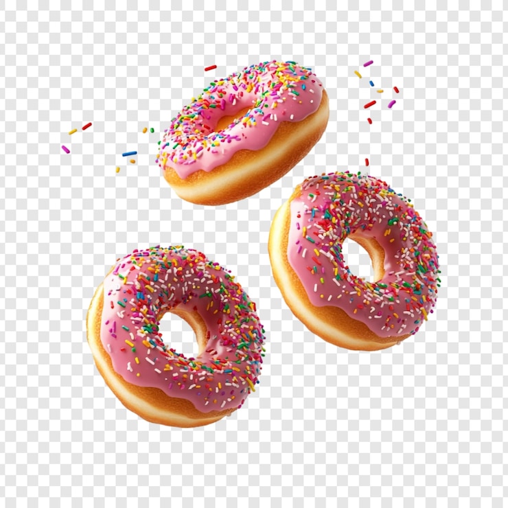 PSD Gratis three pink donuts sprinkled with colorful confetti in midair