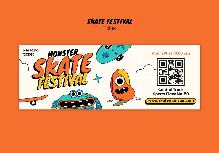 PSD gratuito ticket para el festival de patinaje de monstruos
