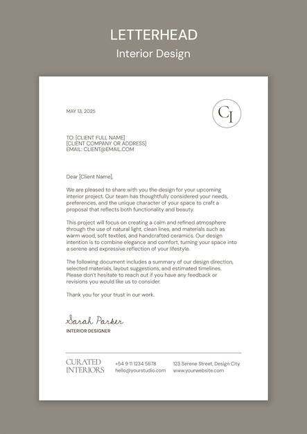 Título de carta de diseño interior para la comunicación con el cliente