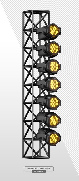 Torre de estructura de columna única con focos de escenario LED de color ámbar en renderización 3D