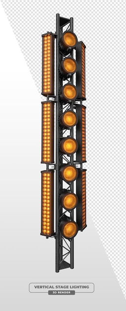 Torre de iluminación de escenario vertical con luces PAR centrales y barras LED laterales en 3D