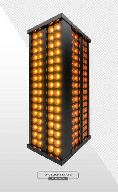 Torre rectangular con múltiples luces de escenario PAR en disposición vertical renderizado en 3D