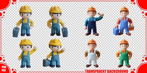 Trabajadores de la construcción de dibujos animados con herramientas y accesorios